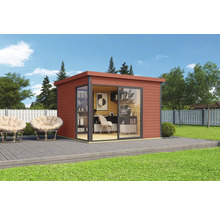 Abri de jardin moderne avec porte coulissante et mobilier de bureau sur terrasse avec mobilier de jardin