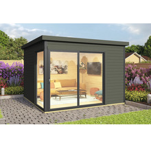 Abri de jardin moderne avec porte coulissante et ameublement