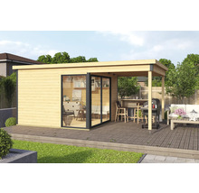 Maison de jardin en bois avec terrasse, barbecue et coin salon sur une terrasse en bois