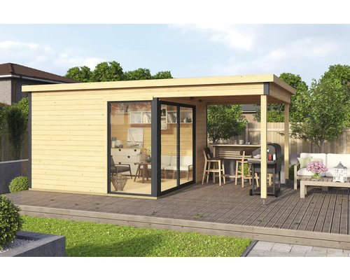 Maison de jardin en bois avec terrasse, barbecue et coin salon sur une terrasse en bois