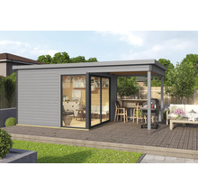 Maison de jardin avec terrasse, espace barbecue et salon extérieur.