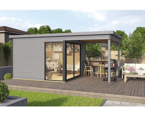 Abri de jardin Outdoor Life Domeo 2 avec sol 504,4 x 319,6 cm gris clair-anthracite Maison de jardin avec terrasse, espace barbecue et salon extérieur.
