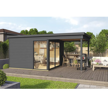 Abri de jardin moderne avec terrasse et espace barbecue sur une terrasse en bois.