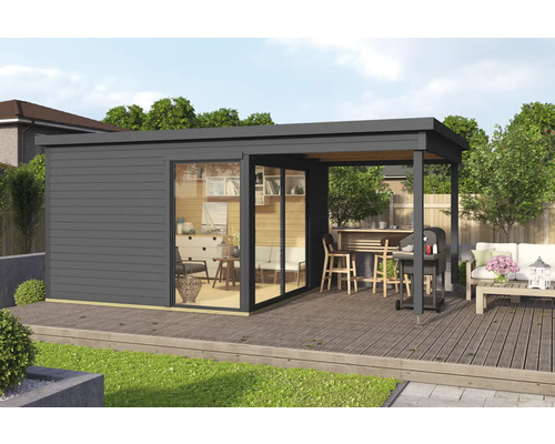 Abri de jardin Outdoor Life Domeo 2 avec sol 504,4 x 319,6 cm gris carbone-anthracite Abri de jardin moderne avec terrasse et espace barbecue sur une terrasse en bois.