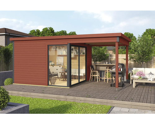 Abri de jardin Outdoor Life Domeo 2 avec sol 504,4 x 319,6 cm rouge suédois-anthracite Maison de jardin moderne avec terrasse et espace barbecue