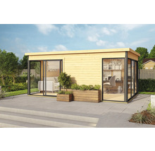 Abri de jardin avec façade en verre et jardinières en bois