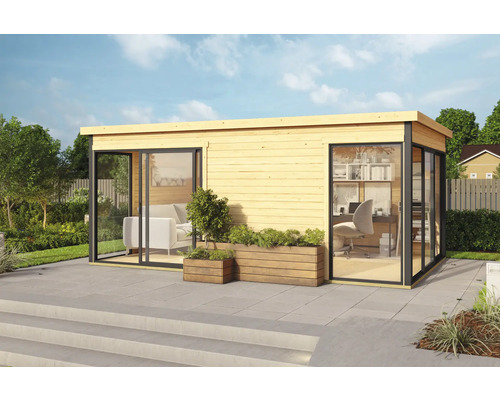 Abri de jardin Outdoor Life Domeo 3 avec sol 528,4 x 341,5 cm naturel-anthracite Abri de jardin avec façade en verre et jardinières en bois