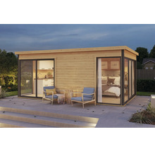 Abri de jardin moderne avec cuisine et chambre à coucher, ainsi qu'un coin salon extérieur