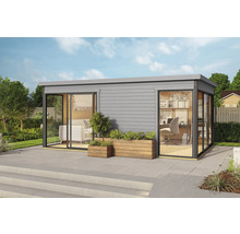 Maison de jardin moderne avec portes coulissantes et façades vitrées, y compris des plantations