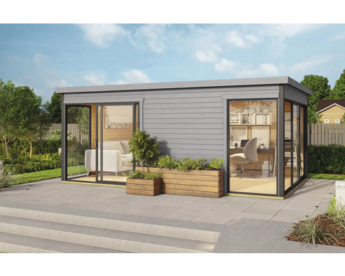 Abri de jardin Outdoor Life Domeo 3 avec sol 528,4 x 341,5 cm gris clair-anthracite Maison de jardin moderne avec portes coulissantes et façades vitrées, y compris des plantations