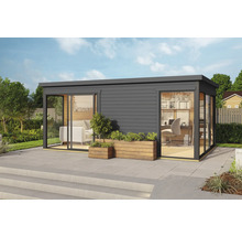 Pavillon de jardin moderne avec portes coulissantes et revêtement en bois, utilisé comme bureau et espace de vie