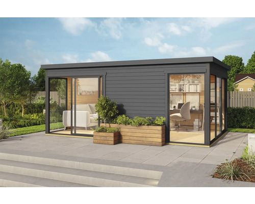 Abri de jardin Outdoor Life Domeo 3 avec sol 528,4 x 341,5 cm gris carbone-anthracite Pavillon de jardin moderne avec portes coulissantes et revêtement en bois, utilisé comme bureau et espace de vie