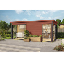 Pavillon de jardin moderne avec de grandes façades vitrées et des jardinières en bois