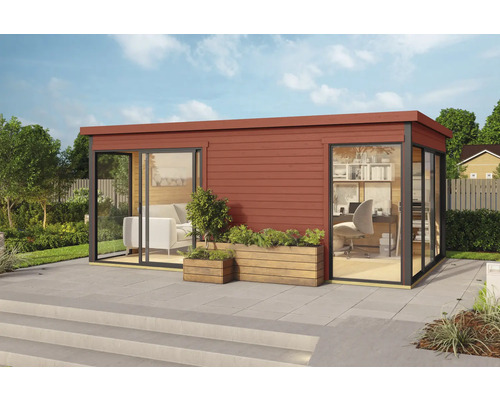 Abri de jardin Outdoor Life Domeo 3 avec sol 528,4 x 341,5 cm rouge suédois-anthracite Pavillon de jardin moderne avec de grandes façades vitrées et des jardinières en bois