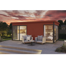 Maison de jardin moderne avec salon et chambre, coin salon sur la terrasse