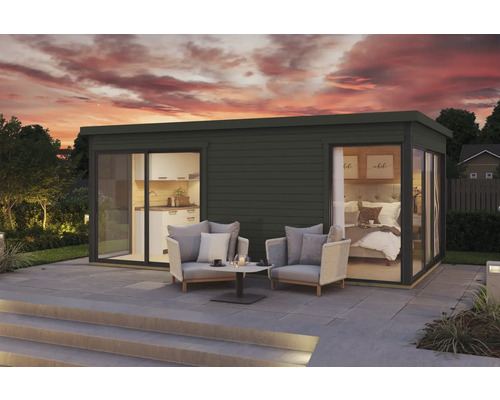 Abri de jardin Outdoor Life Domeo 3 avec sol 528,4 x 341,5 cm gris-vert anthracite Maison de jardin moderne avec cuisine et chambre à coucher ainsi qu'un coin salon sur la terrasse.
