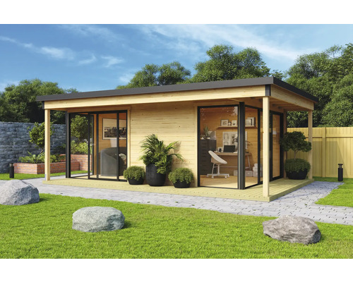 Abri de jardin Outdoor Life Domeo 3 Loggia avec sol 608,4 x 421,5 cm naturel-anthracite Maison de jardin moderne avec de grandes façades en verre et un mobilier de bureau