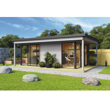 Abri de jardin moderne avec de grandes baies vitrées et une terrasse dans le jardin.