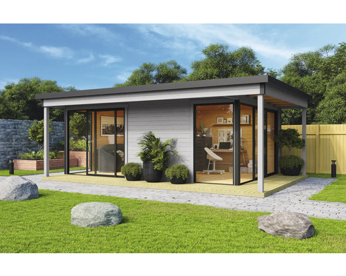 Abri de jardin Outdoor Life Domeo 3 Loggia avec sol 608,4 x 421,5 cm gris clair-anthracite Abri de jardin moderne avec de grandes baies vitrées et une terrasse dans le jardin.