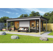 Maison de jardin moderne avec terrasse, banc et larges façades vitrées dans un jardin soigné.