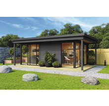 Maison de jardin moderne avec de grandes façades en verre et un équipement de bureau dans le jardin