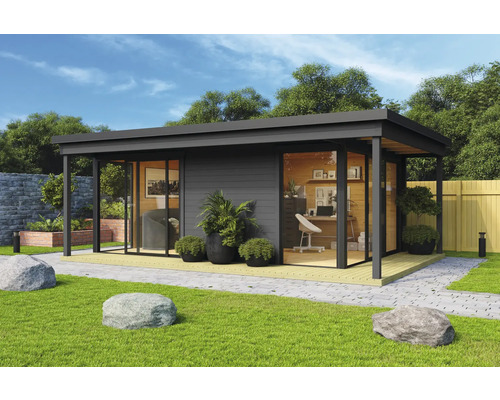 Abri de jardin Outdoor Life Domeo 3 Loggia avec sol 608,4 x 421,5 cm gris carbone-anthracite Maison de jardin moderne avec de grandes façades en verre et un équipement de bureau dans le jardin