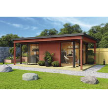 Maison de jardin moderne avec de grandes façades en verre et un équipement de bureau dans le jardin