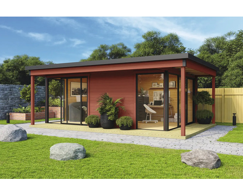 Abri de jardin Outdoor Life Domeo 3 Loggia avec sol 608,4 x 421,5 cm rouge suédois-anthracite Maison de jardin moderne avec de grandes façades en verre et un équipement de bureau dans le jardin