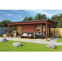 Maison de jardin moderne avec terrasse, banc et végétation dans le jardin.