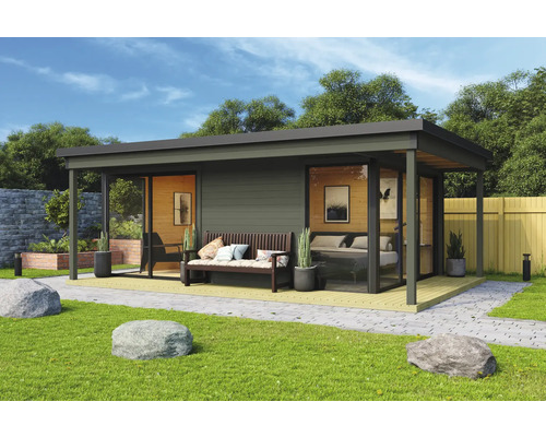 Abri de jardin Outdoor Life Domeo 3 Loggia avec sol 608,4 x 421,5 cm gris-vert anthracite Maison de jardin moderne avec terrasse en bois, banc et pots plantés dans un jardin verdoyant.
