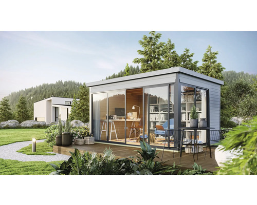 Abri de jardin Outdoor Life Domeo 4 avec sol 437,6 x 341,5 cm gris clair-anthracite Abri de jardin moderne avec portes coulissantes et mobilier de bureau dans le jardin