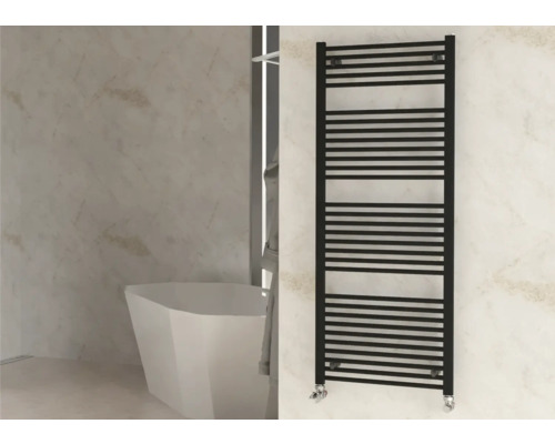 Rotheigner Badheizkörper SOLID 1500 x 600 mm schwarz matt Badezimmer mit Badewanne und schwarzem Handtuchwärmer