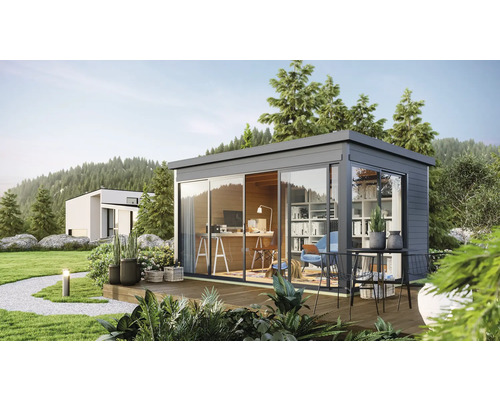 Abri de jardin Outdoor Life Domeo 4 avec sol 437,6 x 341,5 cm gris carbone-anthracite Bureau de jardin moderne avec portes coulissantes et terrasse en bois dans un environnement verdoyant.