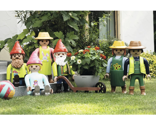 Figurines de jardin dans le jardin avec brouette et fleurs