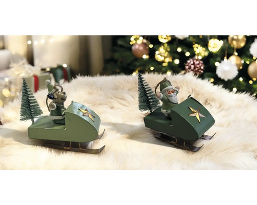 Dekorative Schlittenfiguren mit Weihnachtsmann und Rentier als Christbaumschmuck