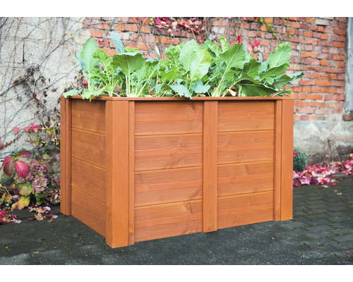 Jardinière surélevée en bois avec plantations dans le jardin