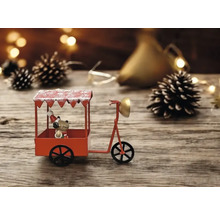 Figurine de vélo décorative avec élan dans une remorque et pommes de pin comme décoration de Noël