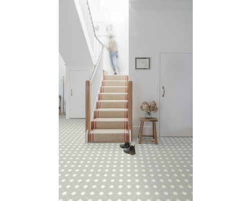 Couloir lumineux avec escalier, tapis, sol à motifs et éléments décoratifs