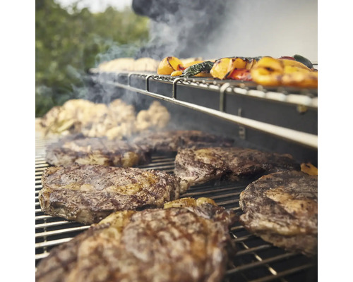 Viande et légumes sur un barbecue avec de la fumée.