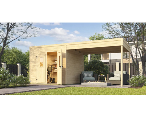 Annexe de toit pour abri de jardin Outdoor Life Felix 2/Fynn 2 300 x 250 cm naturel Scène de jardin avec cabane de jardin en bois et terrasse couverte avec mobilier de jardin et foyer
