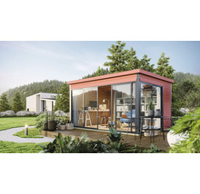 Bureau de jardin moderne avec portes coulissantes et terrasse en bois dans un cadre verdoyant