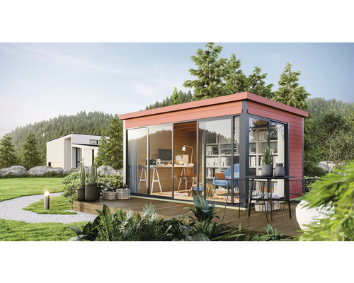 Abri de jardin Outdoor Life Domeo 4 avec sol 437,6 x 341,5 cm rouge suédois-anthracite Bureau de jardin moderne avec portes coulissantes et terrasse en bois dans un cadre verdoyant