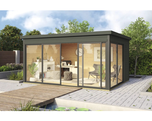 Abri de jardin Outdoor Life Domeo 4 avec sol 437,6 x 341,5 cm gris-vert anthracite Maison de jardin moderne avec portes coulissantes et mobilier de bureau à l'extérieur.