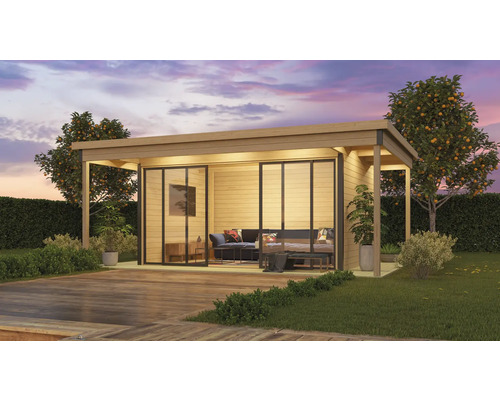 Abri de jardin Outdoor Life Domeo 4 Loggia avec sol 597,6 x 421,5 cm naturel-anthracite Maison de jardin en bois avec portes coulissantes et coin salon extérieur