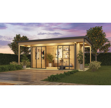 Abri de jardin moderne avec portes coulissantes et mobilier de bureau sur une terrasse en bois dans un jardin bien entretenu.