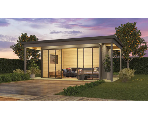 Abri de jardin Outdoor Life Domeo 4 Loggia avec sol 597,6 x 421,5 cm gris clair-anthracite Pavillon de jardin moderne avec portes coulissantes et terrasse en bois dans un jardin bien entretenu.