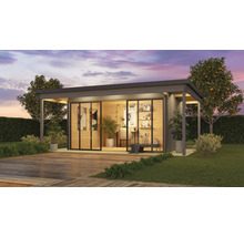 Maison de jardin moderne avec portes coulissantes et terrasse dans un environnement de jardin.