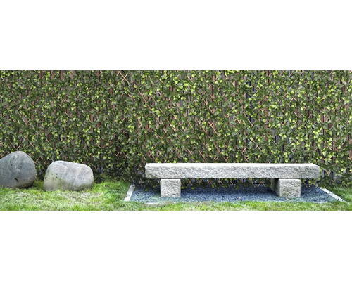 Scène avec haie artificielle, banc en pierre et deux pierres dans le jardin