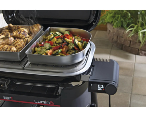 Grill Weber Lumin avec poulet et légumes dans des plats en acier inoxydable