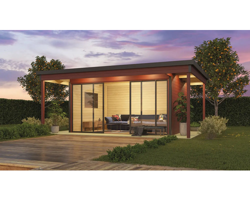 Abri de jardin Outdoor Life Domeo 4 Loggia avec sol 597,6 x 421,5 cm rouge suédois-anthracite Maison de jardin moderne avec portes coulissantes et terrasse